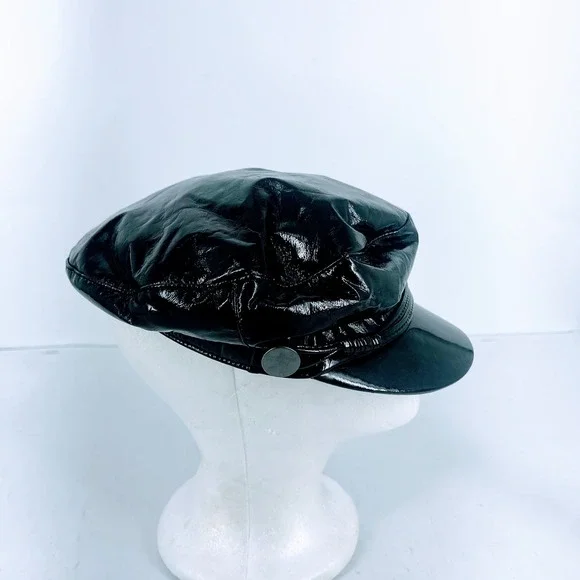 Eugenia Kim Jessa Black Patent Leather Baker Boy Hat Newsboy Cap Faux Leather - Picture 4 of 16